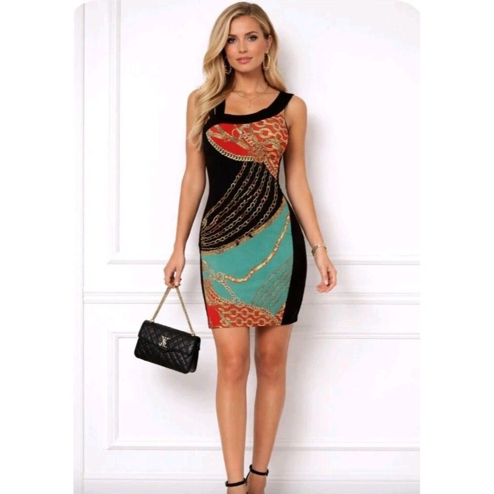 Frank Lyman Dress 10 Nautical Chain Belt Print Bodycon Turquoise Red Party
